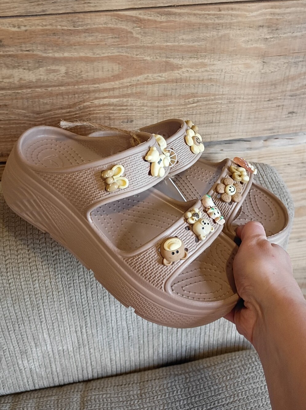 Tipono Beige Slip-On Wedge Croc Platform Sandals with Jibbitz Charms